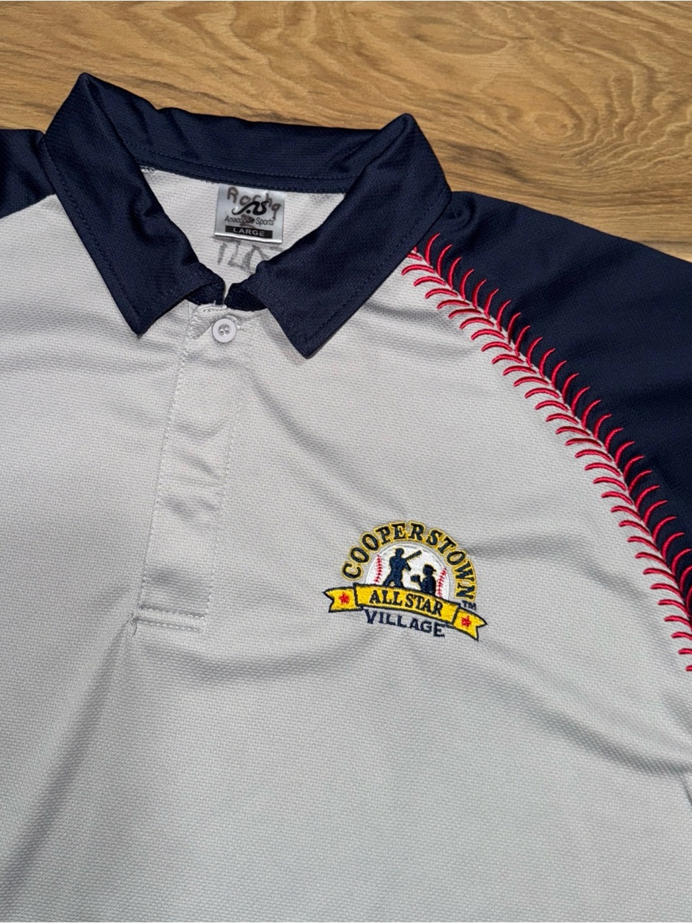 Cooperstown All Star Village Baseball Polo Shirt Mens L Logo Ball Stitch 2 Tone